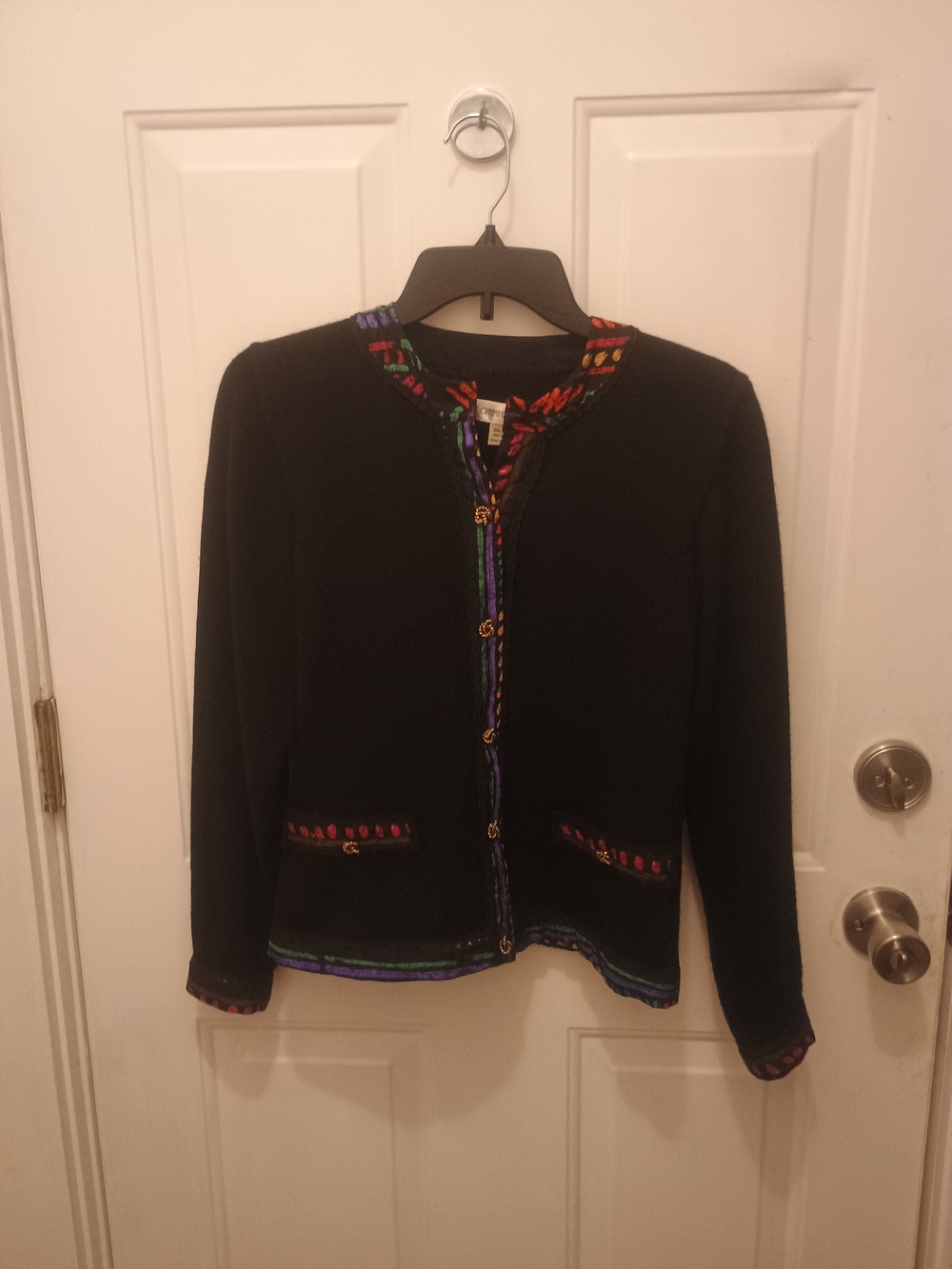 Anne Crimminys Black Knit Embroidered Sweater Cardigan with Multicolor Trim - Picture 2 of 16